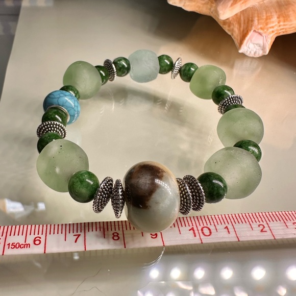 GAMBLER AMAZONITE + SEA GLASS STONES NATURAL BRACELET size 7” - Picture 11 of 15